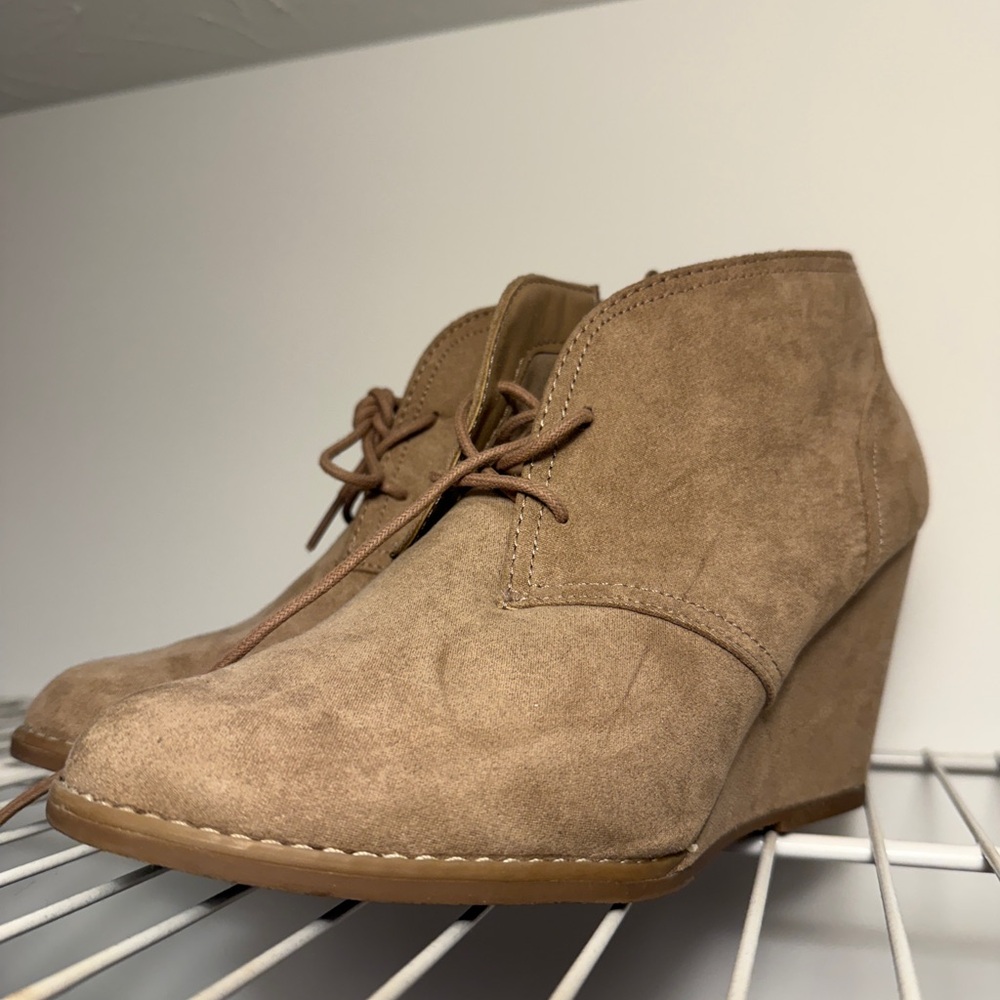 Women's Tan Suede Wedge Booties - Lace-Up Ankle Shoes